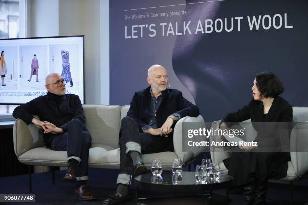 Melissa Drier, Jorg Ehrlich and Otto Drogsler speak at the 'The Woolmark Company' panel during 'Der Berliner Salon' AW 18/19 at Kronprinzenpalais on...