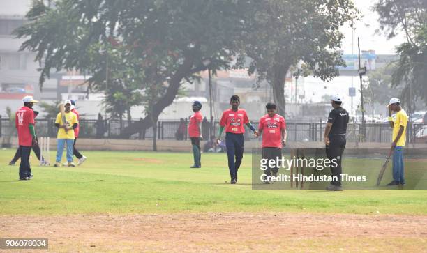 Players from Maharashtra and Punjab play cricket match during National Blind Cricket tournament at Islam Gym, Marine Drive on January 16, 2018 in...