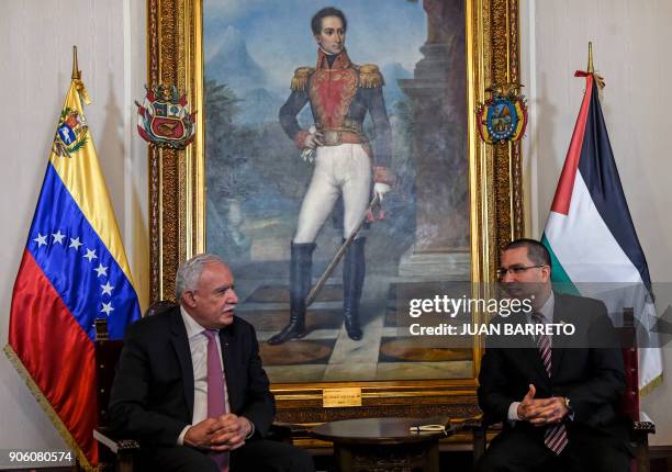 Venezuelan Foreign Minister Jorge Arreaza and the Foreign Minister of the Palestinian Authority Riyad al-Malk speak during a meeting at the Foreign...