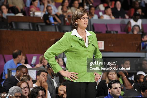 Head coach Anne Donovan of the New York Liberty looks on from the sideline during the game against the Chicago Sky on August 14, 2009 at Madison...