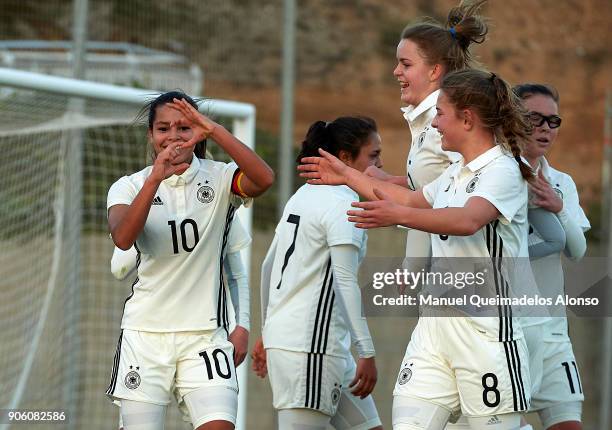 Ivana Fuso of Germany celebrates scoring her team's first goal with her teammates during the international friendly match between U17 Girl's Germany...