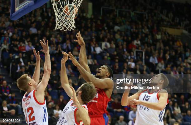 Kyle Hines, #42 of CSKA Moscow competes with Brock Motum, #12 of Anadolu Efes Istanbul in action during the 2017/2018 Turkish Airlines EuroLeague...