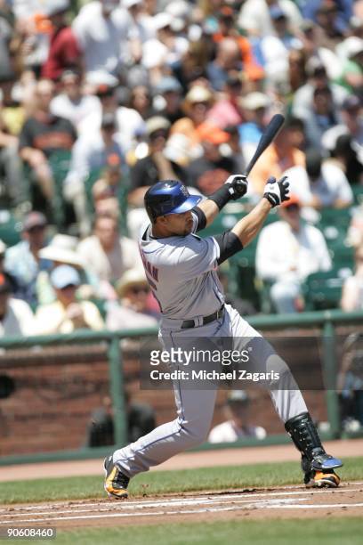 Carlos Beltran of the New York Mets swings at a pitch during the game against the San Francisco Giants at AT&T Park on May 16, 2009 in San Francisco,...