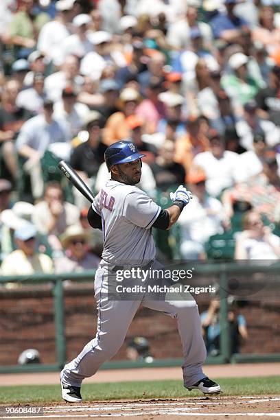 Gary Sheffield of the New York Mets swings at a pitch during the game against the San Francisco Giants at AT&T Park on May 16, 2009 in San Francisco,...