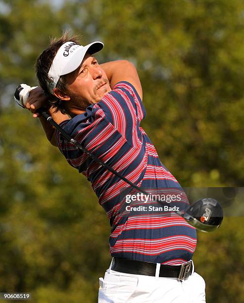 Fredrik Jacobson hits from the ninth tee boxduring the second round of the BMW Championship held at Cog Hill Golf & Country Club on September 11,...