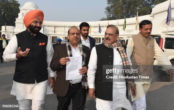 Leader of opposition Delhi Assembly Vijender Gupta , Jagdish Pradhan with Om Prakash Sharma and Manjinder Singh Sirsa after attending the Delhi...