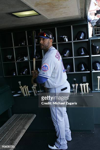 Gary Sheffield of the New York Mets in the dugout prior to the game against the San Francisco Giants at AT&T Park on May 16, 2009 in San Francisco,...