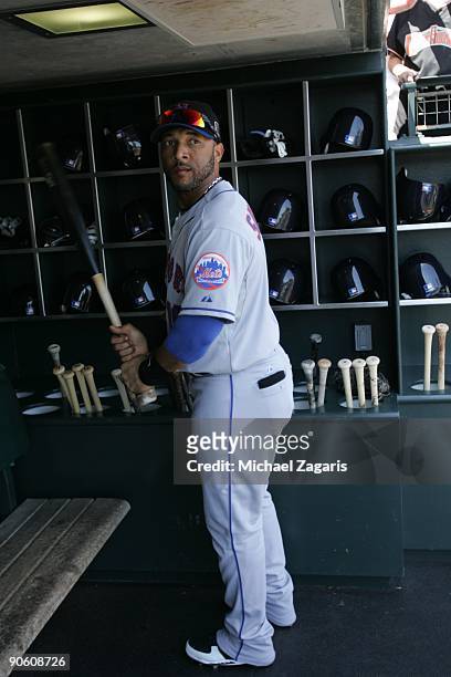 Gary Sheffield of the New York Mets in the dugout prior to the game against the San Francisco Giants at AT&T Park on May 16, 2009 in San Francisco,...