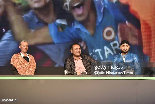 Sophia, world's first social humanoid robot with veteran cricketer Virender Sehwag and Harbhajan Singh present to reimagine VIVO IPL 2018, on January...