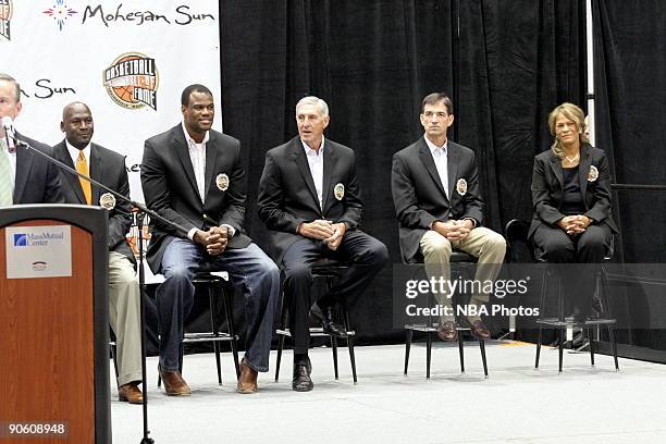 Michael Jordan, David Robinson, Jerry Sloan, John Stockton and C. Vivian Stringer takes in the event during a Pep Rally at the Mass Mutual Center on...