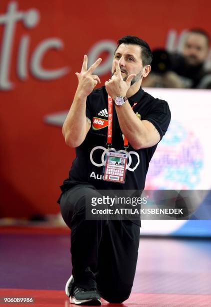 Hungary's head coach Ljubomir Vranjes gestures during the group D match of the Men's 2018 EHF European Handball Championships between Czech Republic...