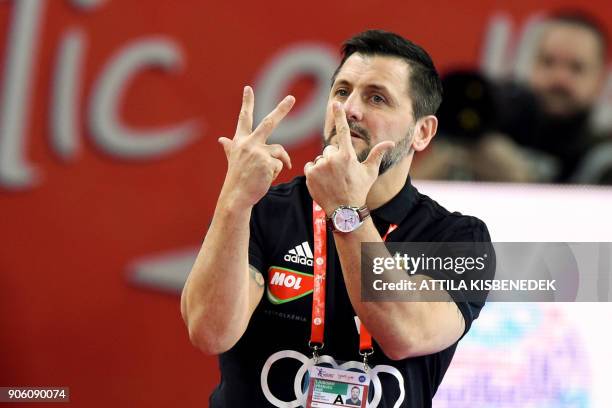 Hungary's head coach Ljubomir Vranjes gestures during the group D match of the Men's 2018 EHF European Handball Championships between Czech Republic...