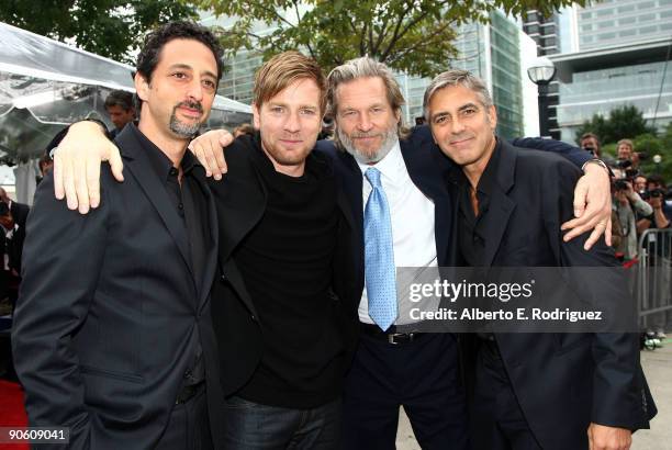 Director Grant Heslov, actors Ewan McGregor, Jeff Bridges and George Clooney arrive at the "The Men Who Stare At Goats" premiere during the Toronto...