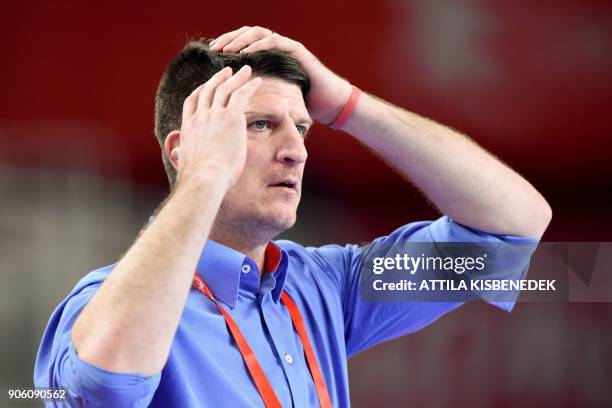 Czech Republic's coach Daniel Kubes reacts during the group D match of the Men's 2018 EHF European Handball Championships between Czech Republic and...