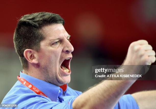 Czech Republic's coach Daniel Kubes reacts during the group D match of the Men's 2018 EHF European Handball Championships between Czech Republic and...