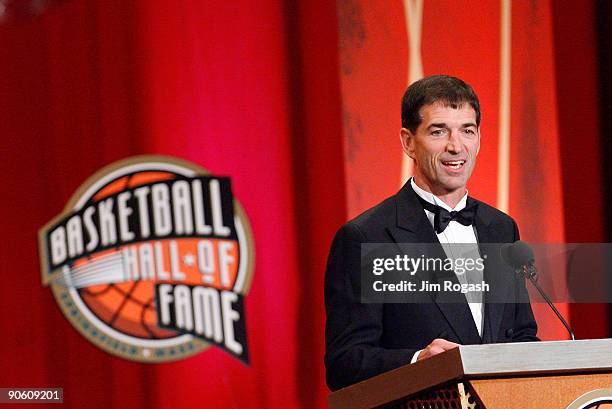 John Stockton is inducted into the Naismith Memorial Basketball Hall of Fame during an induction ceremony on September 11, 2009 in Springfield,...