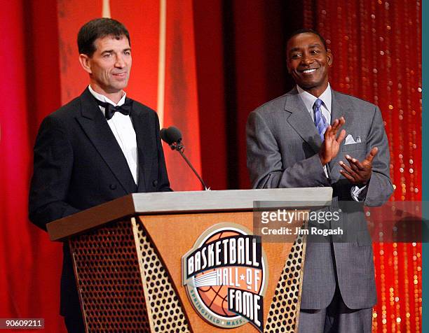 Isiah Thomas presents John Stockton to the Naismith Memorial Basketball Hall of Fame during an induction ceremony on September 11, 2009 in...