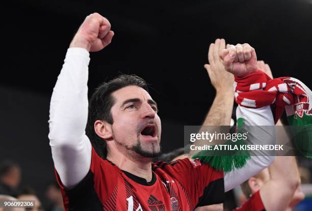 Fan of Hungary cheers during the group D match of the Men's 2018 EHF European Handball Championships between Czech Republic and Hungary at the...