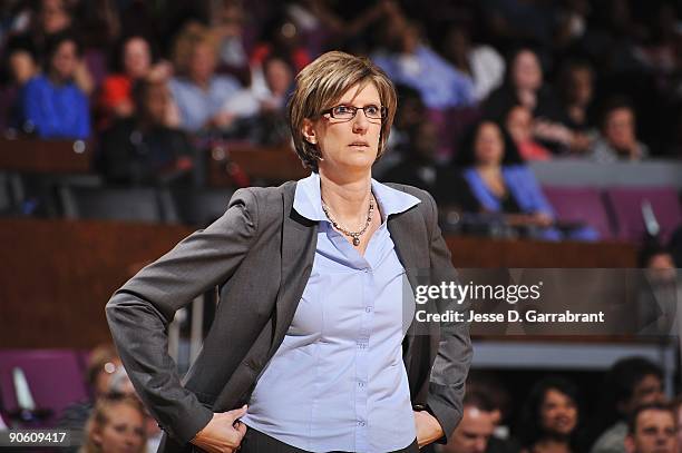 Head coach Anne Donovan of the New York Liberty looks on from the sideline during the game against the Seattle Storm on September 1, 2009 at Madison...