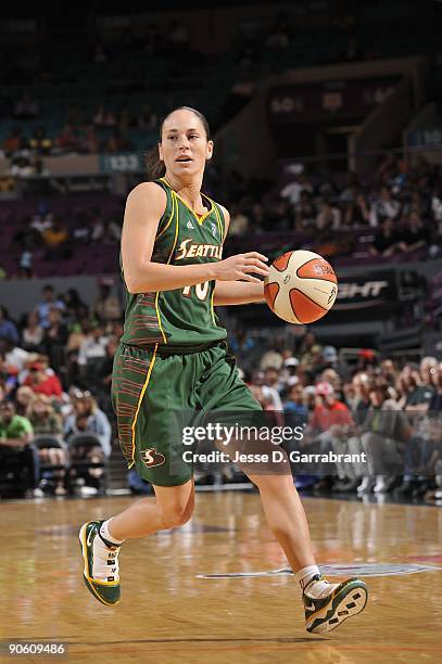 Sue Bird of the Seattle Storm moves the ball against the New York Liberty during the game on September 1, 2009 at Madison Square Garden in New York...