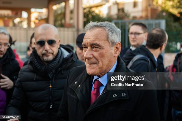 President of Italian Senate Pietro Grasso Leader Liberi Uguali Party arrives in Marcianise, Naples, Italy on January 17, 2018 during election tour of...
