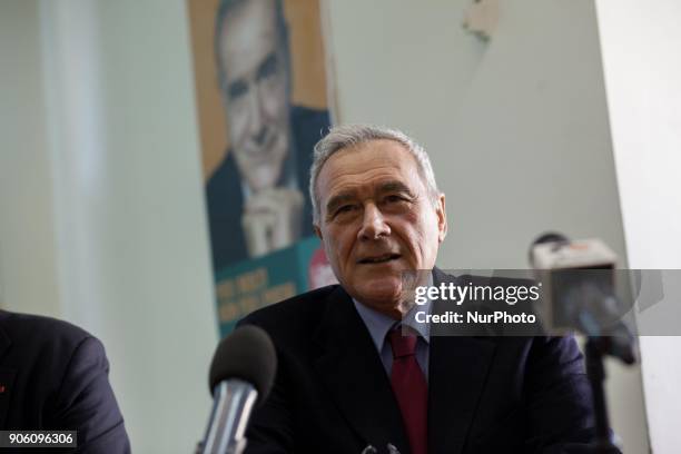 President of Italian Senate Pietro Grasso Leader Liberi Uguali Party speachs in Marcianise, Naples, Italy on January 17, 2018 during election tour of...