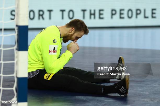 Andreas Wolff of Germany reacts during the Men's Handball European Championship Group C match between Germany and FYR Macedonia at Arena Zagreb on...