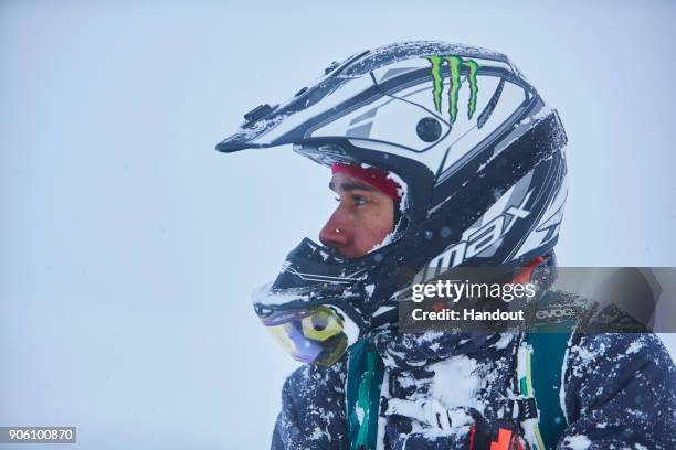 In this handout image provided by Monster Energy, Four-time F1 World Champion Lewis Hamilton rides a snowbike in January 2018 in Niseko, Hokkaido...