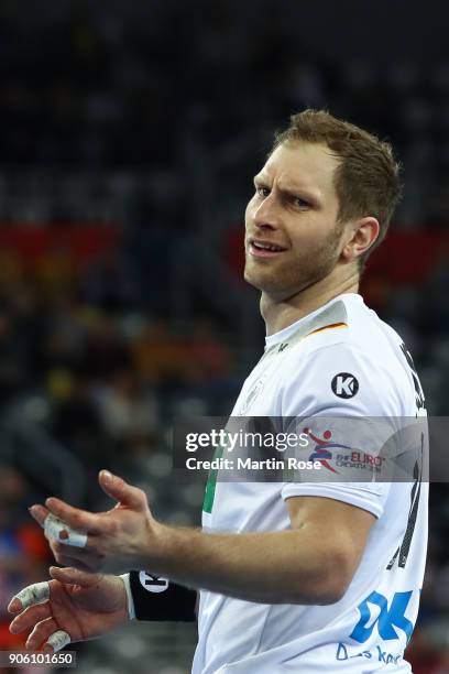 Steffen Weinhold of Germany reacts during the Men's Handball European Championship Group C match between Germany and FYR Macedonia at Arena Zagreb on...