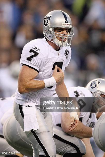 Quarterback Jeff Garcia of the Oakland Raiders calls a play during the game against the Seattle Seahawks on September 3, 2009 at Qwest Field in...