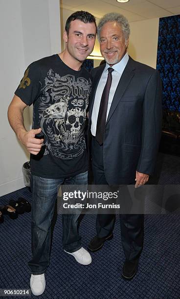 Tom Jones and Joe Calzaghe backstage at the O2 Rockwell concert in aid of Nordoff-Robbins Music Therapy at 02 Arena on September 11, 2009 in London,...