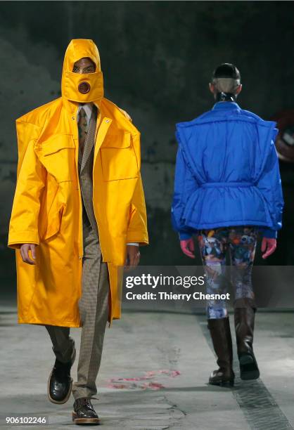 Model walks the runway during the Walter Van Beirendonck Menswear Fall/Winter 2018-2019 show as part of Paris Fashion Week on January 17, 2018 in...