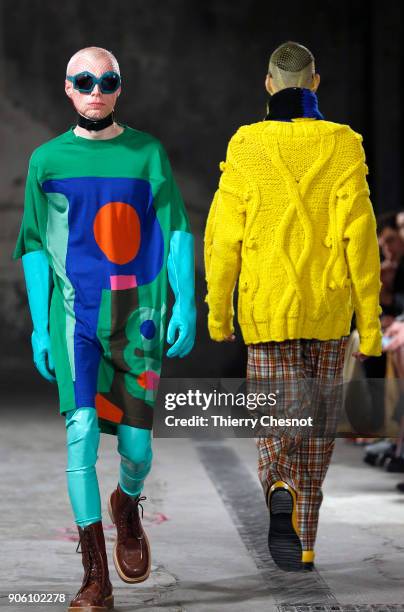 Model walks the runway during the Walter Van Beirendonck Menswear Fall/Winter 2018-2019 show as part of Paris Fashion Week on January 17, 2018 in...