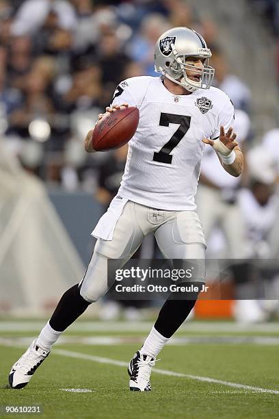 Quarterback Jeff Garcia of the Oakland Raiders drops back to pass during the game against the Seattle Seahawks on September 3, 2009 at Qwest Field in...