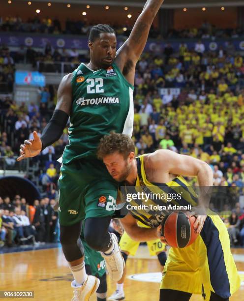 Nicolo Melli, #4 of Fenerbahce Dogus in action with Kenny Gabriel, #22 of Panathinaikos Superfoods during the 2017/2018 Turkish Airlines EuroLeague...