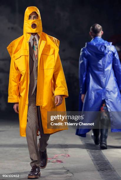 Model walks the runway during the Walter Van Beirendonck Menswear Fall/Winter 2018-2019 show as part of Paris Fashion Week on January 17, 2018 in...