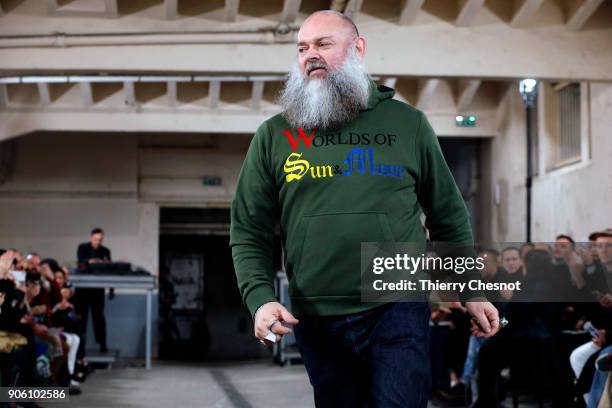 Belgian designer Walter Van Beirendonck acknowledges the audience after the Walter Van Beirendonck Menswear Fall/Winter 2018-2019 show as part of...