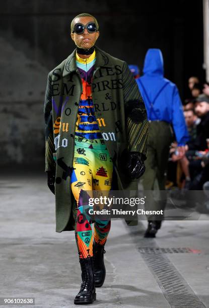 Model walks the runway during the Walter Van Beirendonck Menswear Fall/Winter 2018-2019 show as part of Paris Fashion Week on January 17, 2018 in...