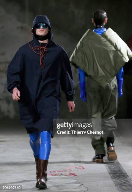 Model walks the runway during the Walter Van Beirendonck Menswear Fall/Winter 2018-2019 show as part of Paris Fashion Week on January 17, 2018 in...