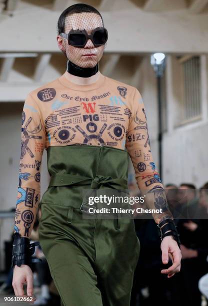 Model walks the runway during the Walter Van Beirendonck Menswear Fall/Winter 2018-2019 show as part of Paris Fashion Week on January 17, 2018 in...