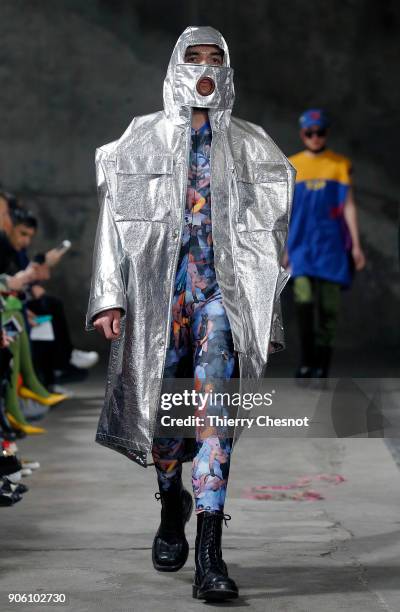 Model walks the runway during the Walter Van Beirendonck Menswear Fall/Winter 2018-2019 show as part of Paris Fashion Week on January 17, 2018 in...