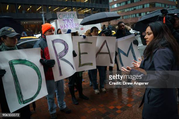Activists rally for the passage of a 'clean' Dream Act, one without additional security or enforcement measures, outside the New York office of Sen....