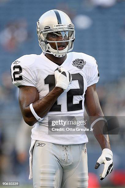 Darrius Heyward-Bey of the Oakland Raiders stands on the field before the game against the Seattle Seahawks on September 3, 2009 at Qwest Field in...