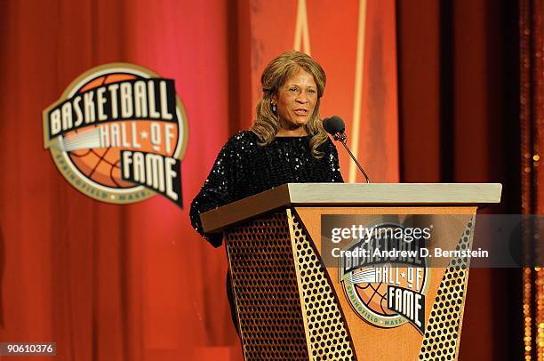 Vivian Stringer speaks during the Basketball Hall of Fame Class of 2009 Induction Ceremony at the Symphony Hall on September 11, 2009 in Springfield,...