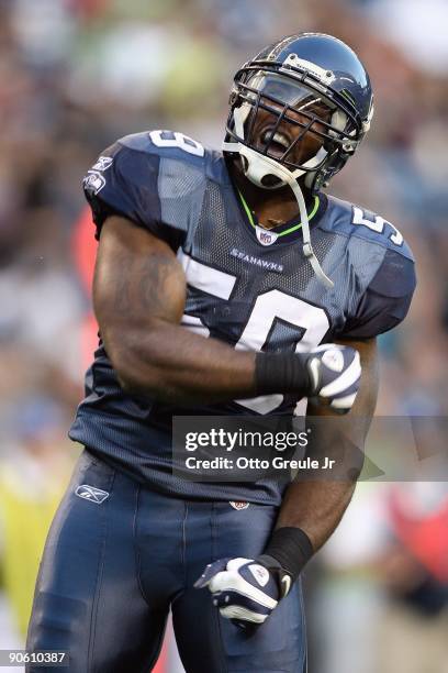 Arron Curry of the Seattle Seahawks reacts on the field during the game against the Oakland Raiders on September 3, 2009 at Qwest Field in Seattle,...