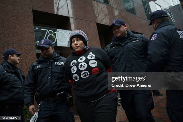 After blocking the doors to the building, an activist is arrested by members of the New York City Police Department during a rally for the passage of...