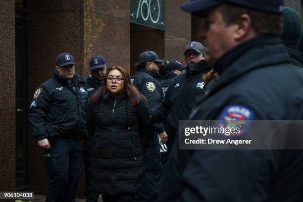 After blocking the doors to the building, an activist is arrested by members of the New York City Police Department during a rally for the passage of...