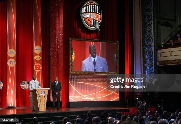 David Thompson presents Michael Jordan to the Naismith Memorial Basketball Hall of Fame during an induction ceremony on September 11, 2009 in...