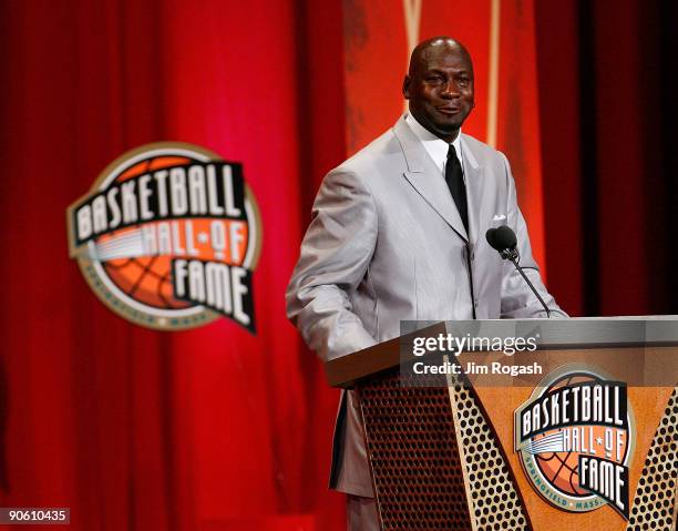 Michael Jordan to the Naismith Memorial Basketball Hall of Fame speaks during an induction ceremony on September 11, 2009 in Springfield,...