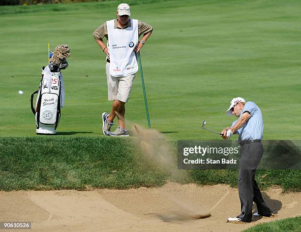 Heath Slocum hits to the eighth green during the second round of the BMW Championship held at Cog Hill Golf & Country Club on September 11, 2009 in...